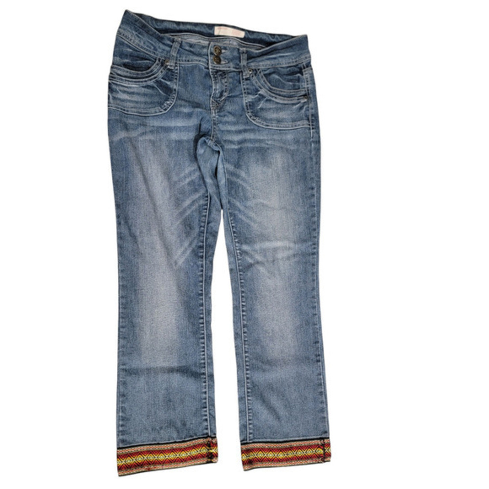 No Boundaries Vintage Size 11 Blue Straight Leg Jeans Aztec Embroidered Hem Boho